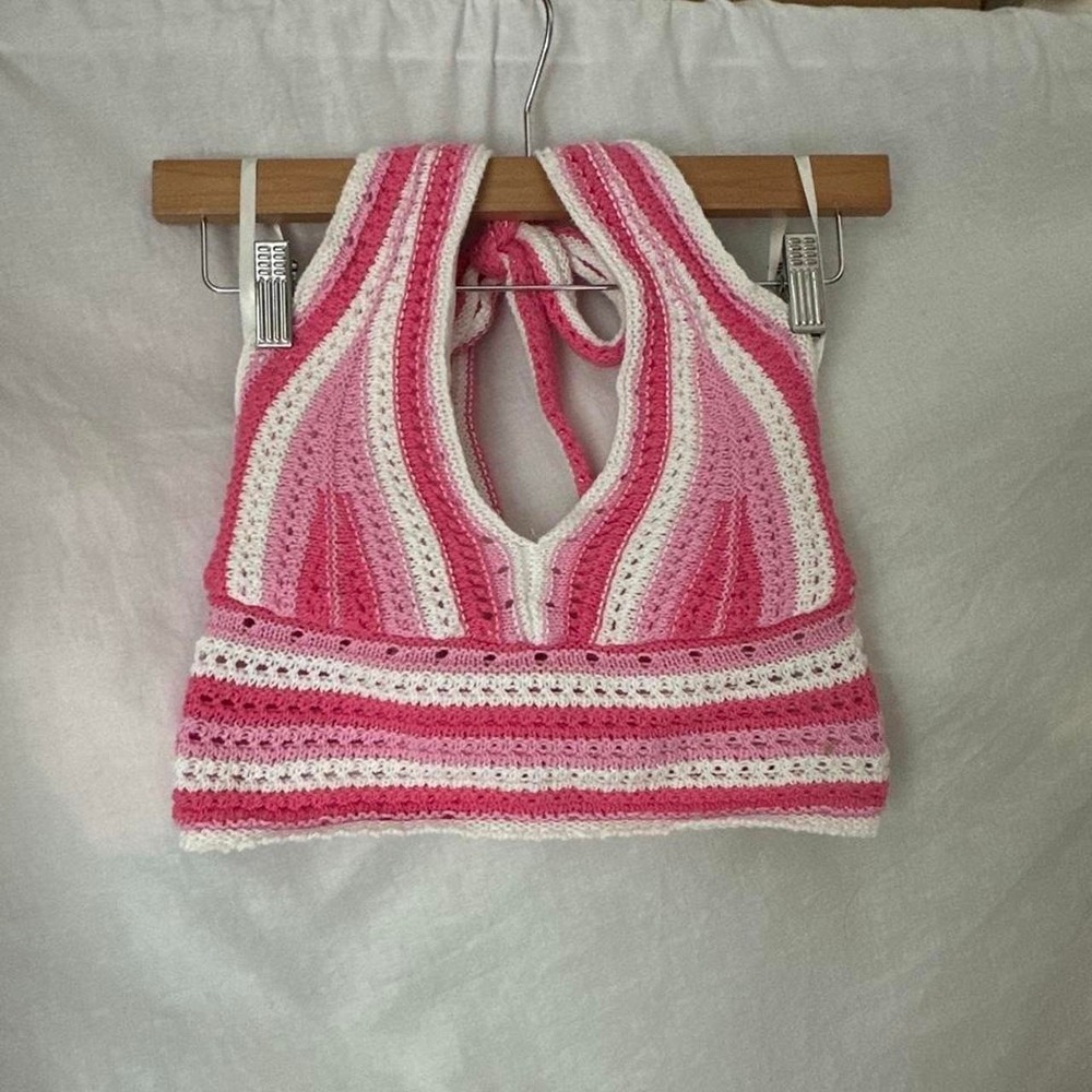Hollister Pink and White Striped Crochet Halter Crop Top XS